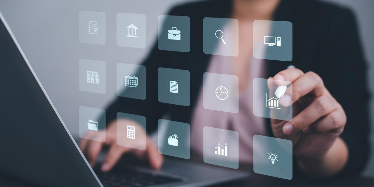 Open laptop with records management icon overlay.