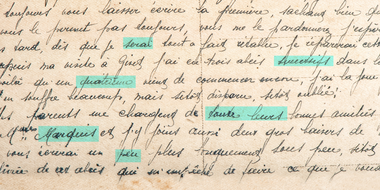 Old handwriting with areas higlighted as blue.