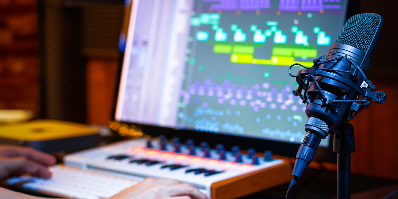 Microphone and computer with audio bytes on screen.