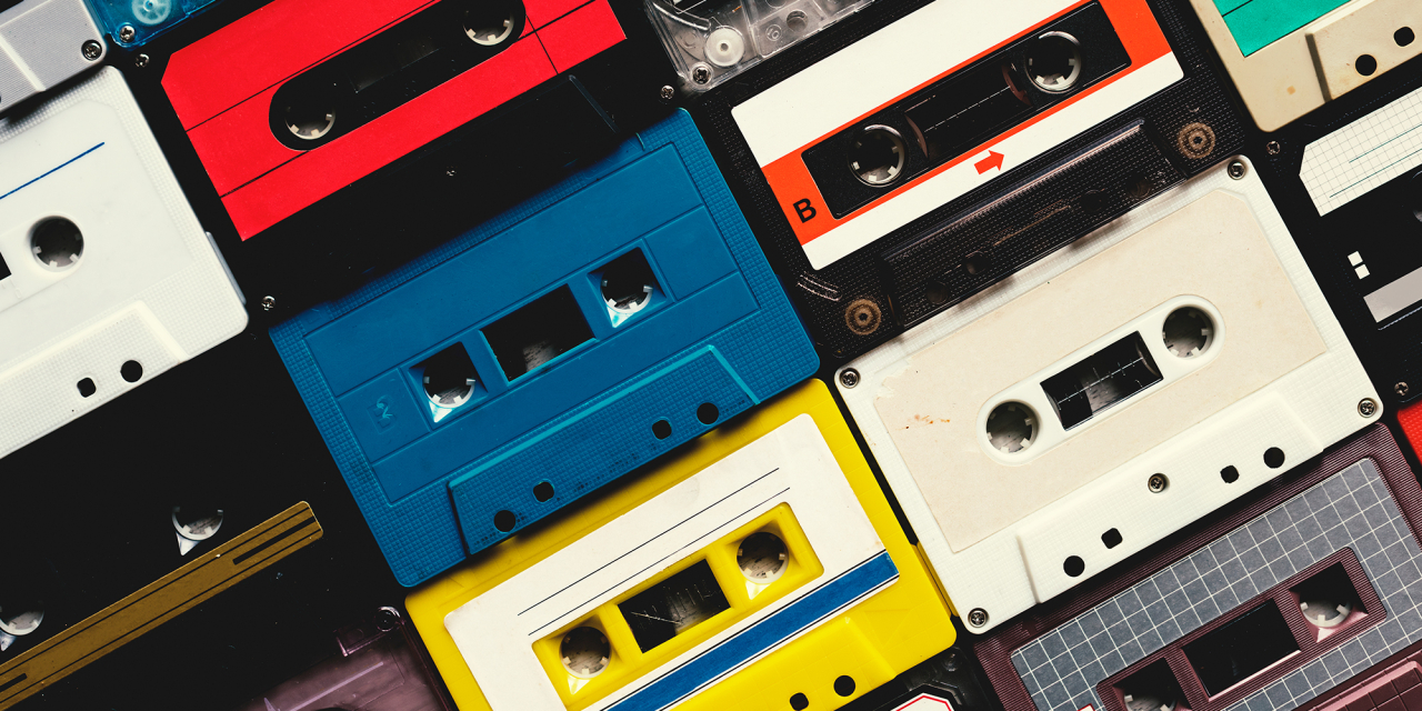 Audio cassettes in a angled grid.