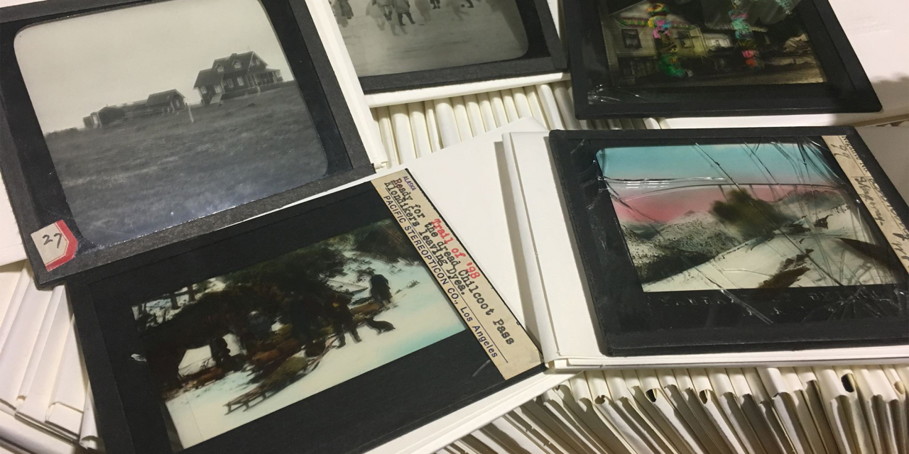 Old damaged slides on a set of protected slides.