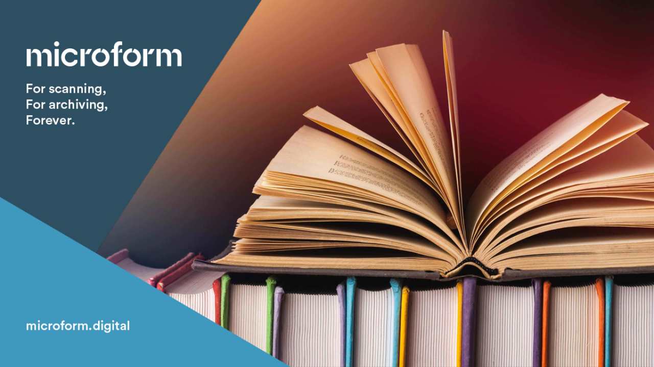 Microform Branding - Stacked books with an open book on top.