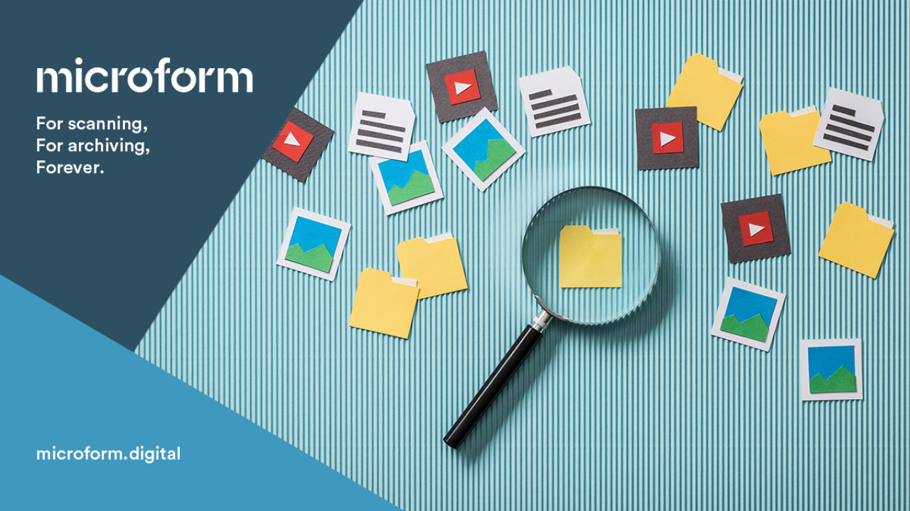 Microform Branding - Illustration of media types with magnifying glass.