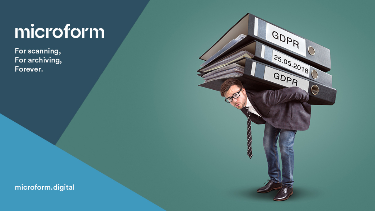 Microform Branding - Man holding heavy files marked as GDPR.