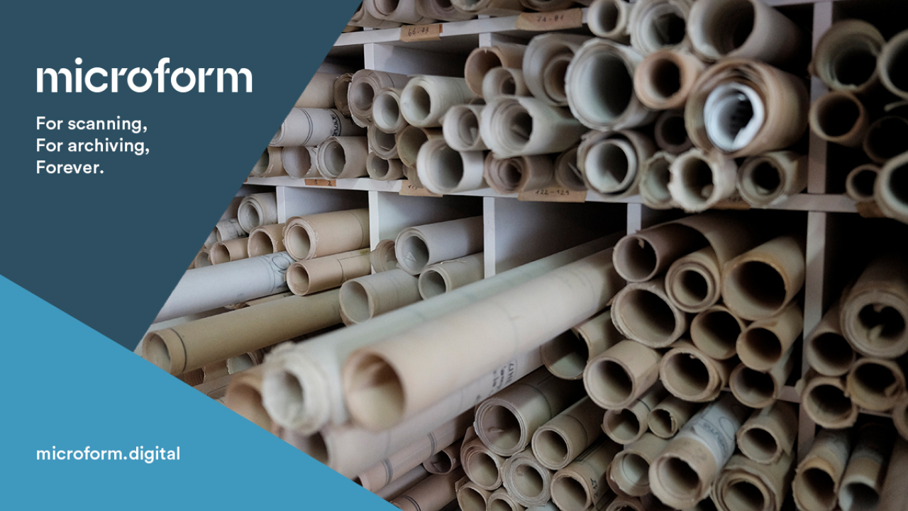 Microform Branding - Rolls of old plans and maps.