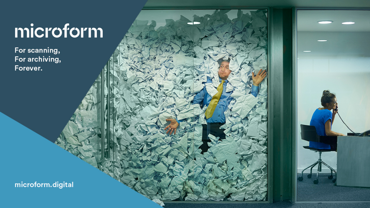 Microform Branding - Man engulfed by invoices.