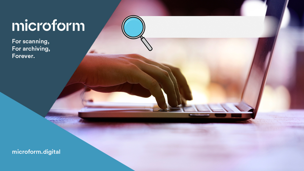 Microform Branding - Hands on a laptop with a search bar overlay.